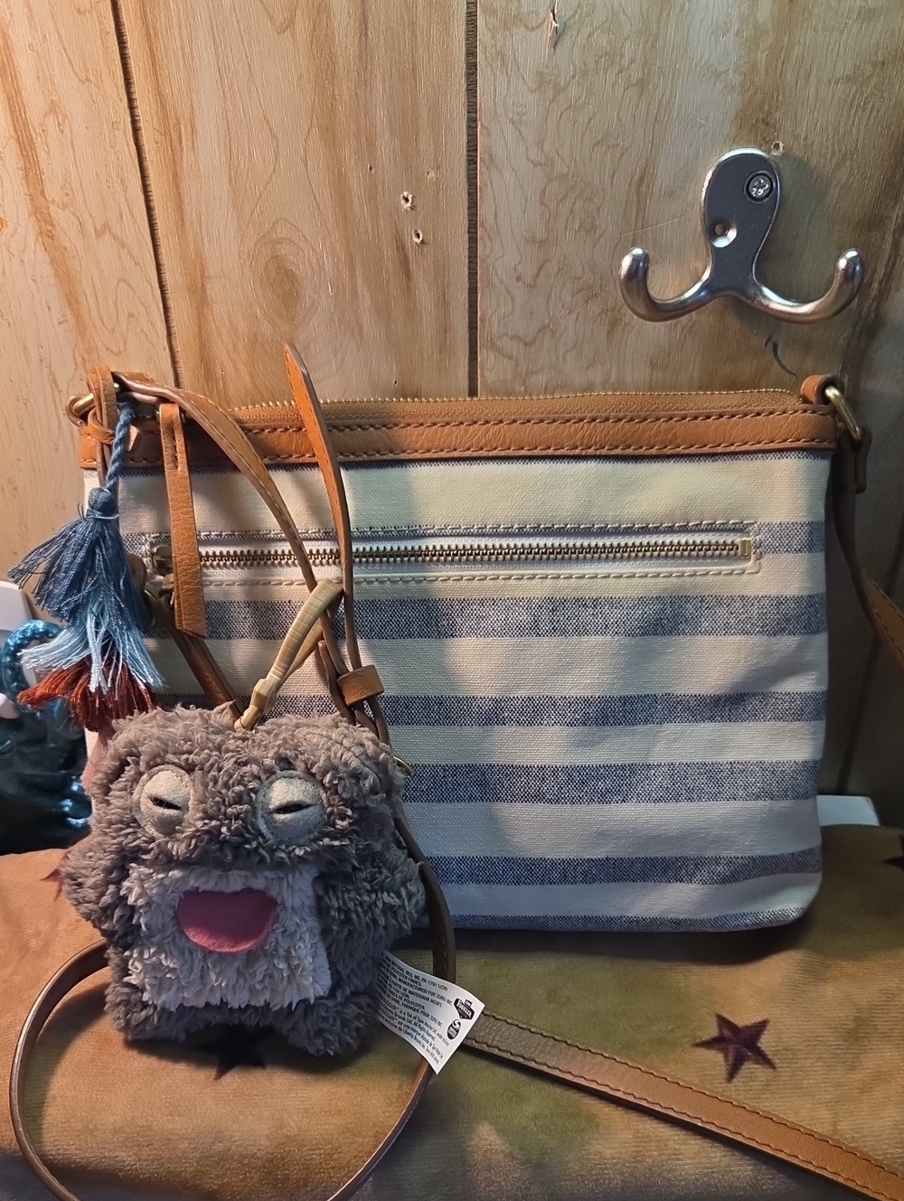 Fossil Blue and Cream Striped Crossbody Bag No Call Outs With New Fuggler Charm